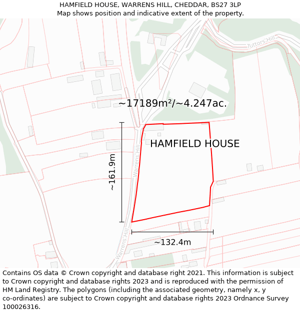 HAMFIELD HOUSE, WARRENS HILL, CHEDDAR, BS27 3LP: Plot and title map