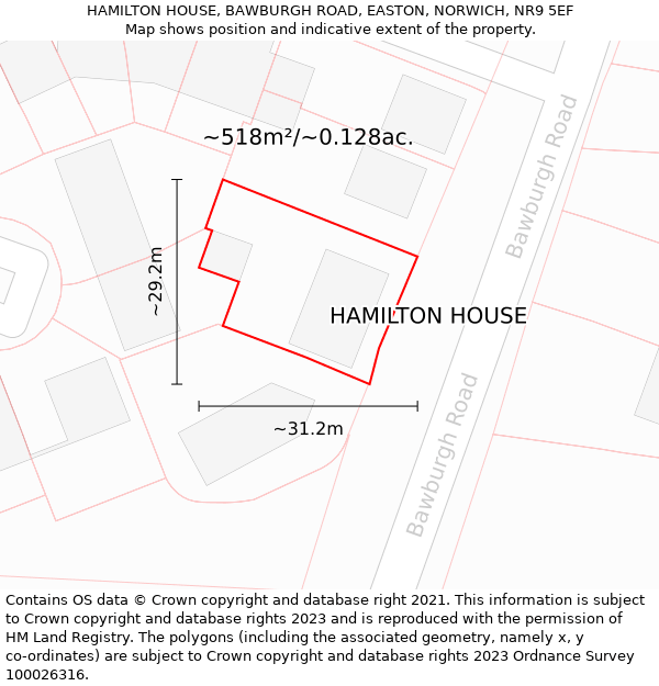 HAMILTON HOUSE, BAWBURGH ROAD, EASTON, NORWICH, NR9 5EF: Plot and title map