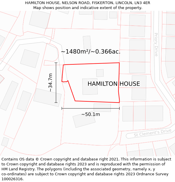 HAMILTON HOUSE, NELSON ROAD, FISKERTON, LINCOLN, LN3 4ER: Plot and title map