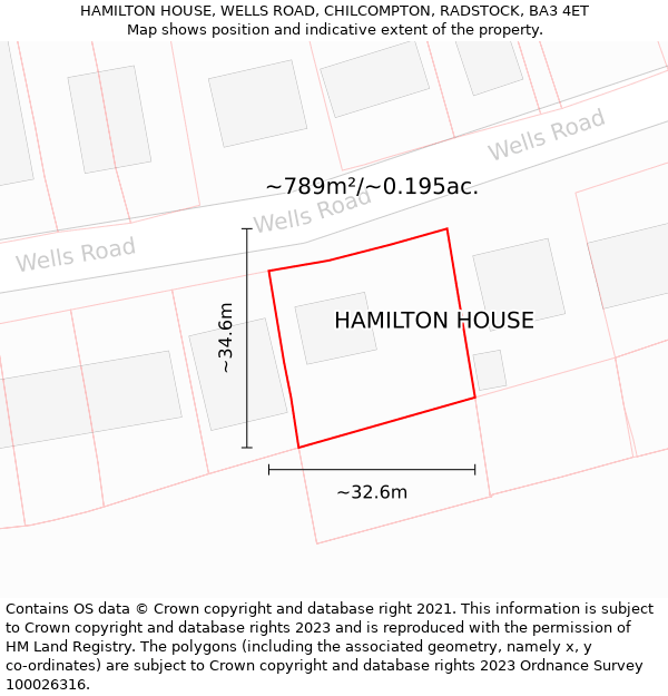 HAMILTON HOUSE, WELLS ROAD, CHILCOMPTON, RADSTOCK, BA3 4ET: Plot and title map