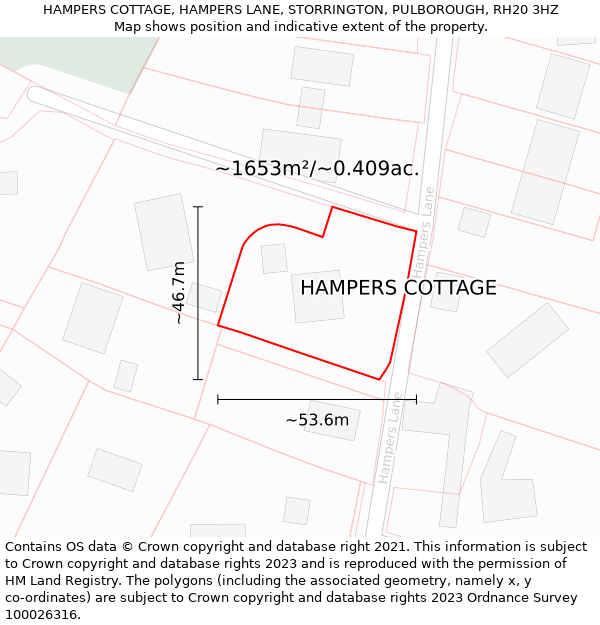 HAMPERS COTTAGE, HAMPERS LANE, STORRINGTON, PULBOROUGH, RH20 3HZ: Plot and title map