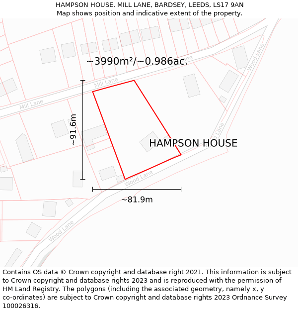 HAMPSON HOUSE, MILL LANE, BARDSEY, LEEDS, LS17 9AN: Plot and title map