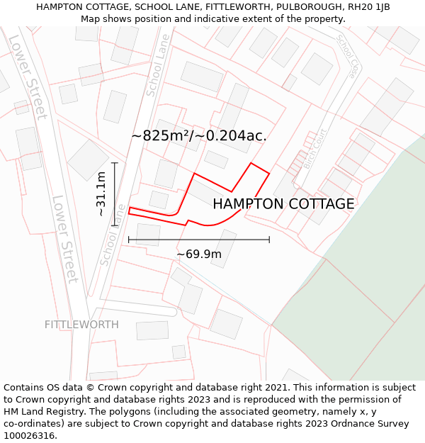 HAMPTON COTTAGE, SCHOOL LANE, FITTLEWORTH, PULBOROUGH, RH20 1JB: Plot and title map