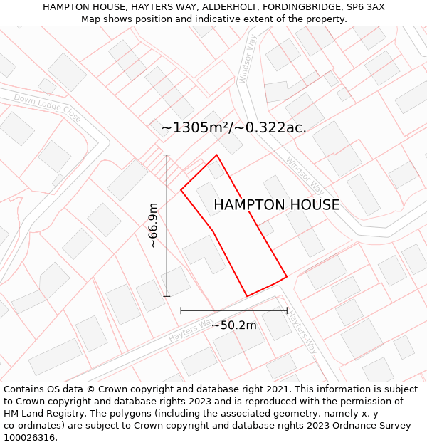 HAMPTON HOUSE, HAYTERS WAY, ALDERHOLT, FORDINGBRIDGE, SP6 3AX: Plot and title map