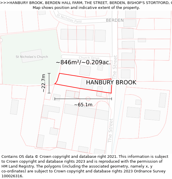 HANBURY BROOK, BERDEN HALL FARM, THE STREET, BERDEN, BISHOP'S STORTFORD, CM23 1AY: Plot and title map