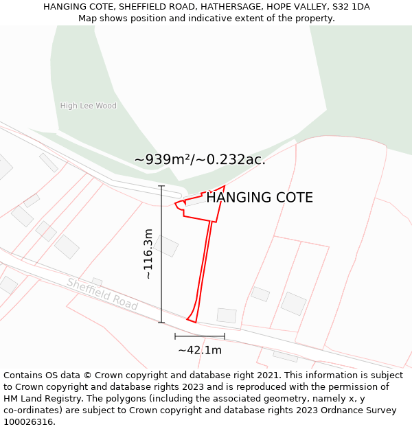 HANGING COTE, SHEFFIELD ROAD, HATHERSAGE, HOPE VALLEY, S32 1DA: Plot and title map