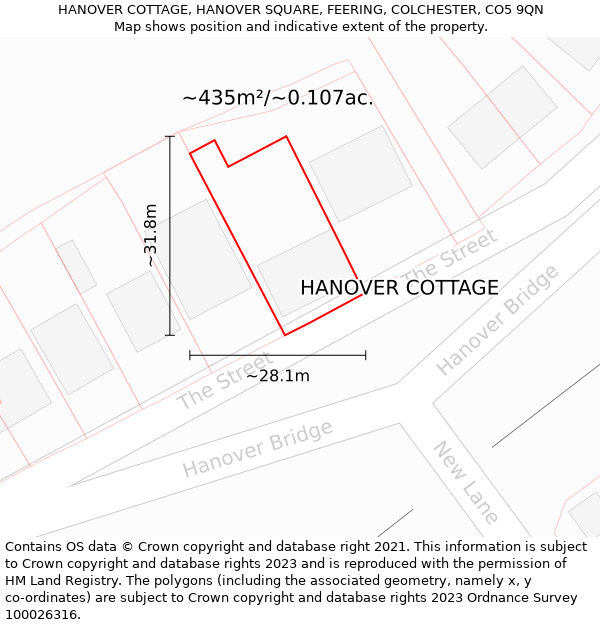 HANOVER COTTAGE, HANOVER SQUARE, FEERING, COLCHESTER, CO5 9QN: Plot and title map