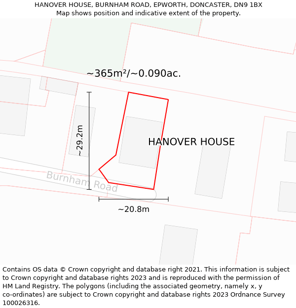 HANOVER HOUSE, BURNHAM ROAD, EPWORTH, DONCASTER, DN9 1BX: Plot and title map