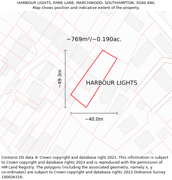 HARBOUR LIGHTS, PARK LANE, MARCHWOOD, SOUTHAMPTON, SO40 4WL: Plot and title map