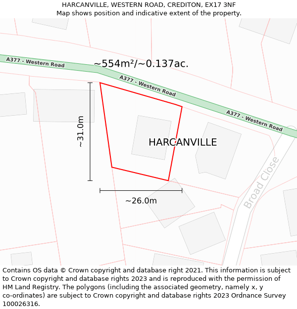 HARCANVILLE, WESTERN ROAD, CREDITON, EX17 3NF: Plot and title map