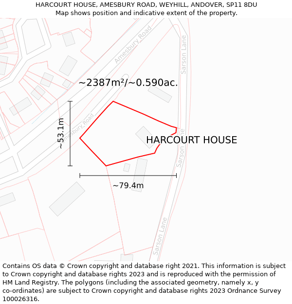HARCOURT HOUSE, AMESBURY ROAD, WEYHILL, ANDOVER, SP11 8DU: Plot and title map
