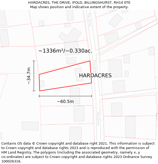 HARDACRES, THE DRIVE, IFOLD, BILLINGSHURST, RH14 0TE: Plot and title map