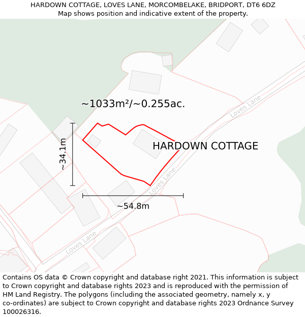 HARDOWN COTTAGE, LOVES LANE, MORCOMBELAKE, BRIDPORT, DT6 6DZ: Plot and title map