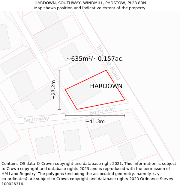 HARDOWN, SOUTHWAY, WINDMILL, PADSTOW, PL28 8RN: Plot and title map