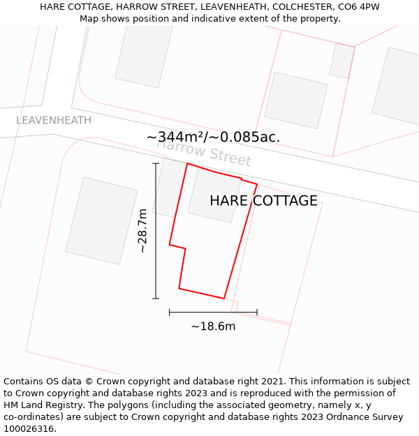 HARE COTTAGE, HARROW STREET, LEAVENHEATH, COLCHESTER, CO6 4PW: Plot and title map