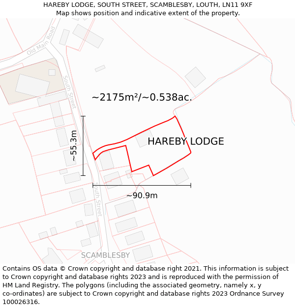 HAREBY LODGE, SOUTH STREET, SCAMBLESBY, LOUTH, LN11 9XF: Plot and title map