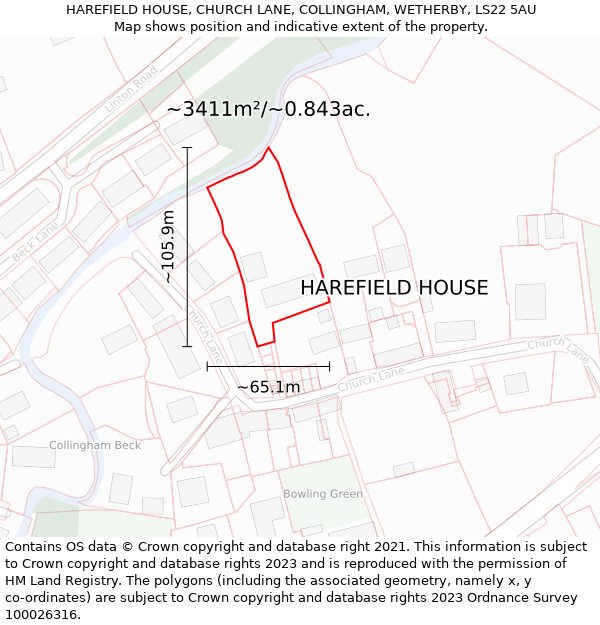 HAREFIELD HOUSE, CHURCH LANE, COLLINGHAM, WETHERBY, LS22 5AU: Plot and title map