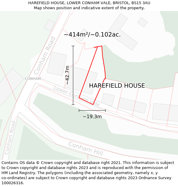 HAREFIELD HOUSE, LOWER CONHAM VALE, BRISTOL, BS15 3AU: Plot and title map