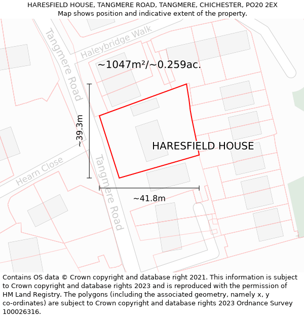 HARESFIELD HOUSE, TANGMERE ROAD, TANGMERE, CHICHESTER, PO20 2EX: Plot and title map