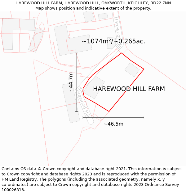 HAREWOOD HILL FARM, HAREWOOD HILL, OAKWORTH, KEIGHLEY, BD22 7NN: Plot and title map