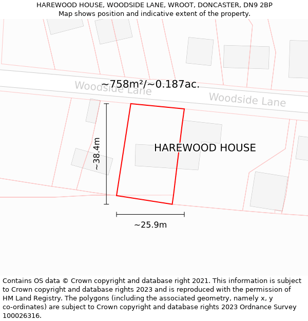 HAREWOOD HOUSE, WOODSIDE LANE, WROOT, DONCASTER, DN9 2BP: Plot and title map