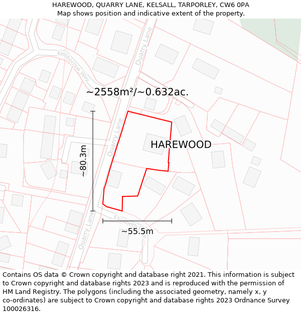 HAREWOOD, QUARRY LANE, KELSALL, TARPORLEY, CW6 0PA: Plot and title map