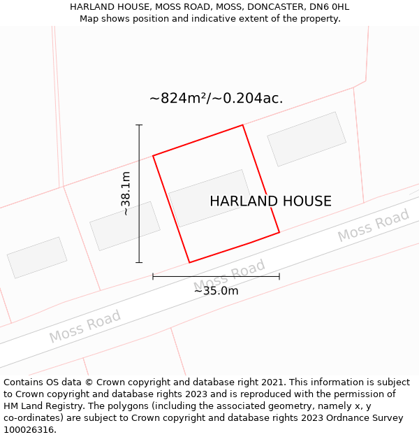 HARLAND HOUSE, MOSS ROAD, MOSS, DONCASTER, DN6 0HL: Plot and title map