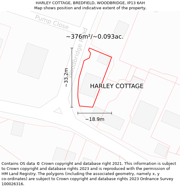 HARLEY COTTAGE, BREDFIELD, WOODBRIDGE, IP13 6AH: Plot and title map
