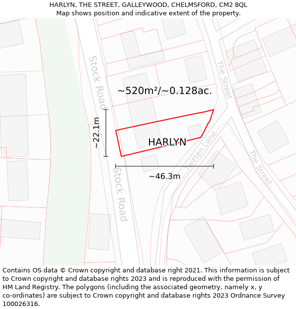 HARLYN, THE STREET, GALLEYWOOD, CHELMSFORD, CM2 8QL: Plot and title map