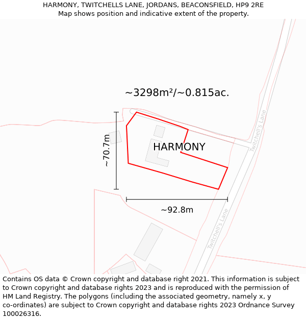 HARMONY, TWITCHELLS LANE, JORDANS, BEACONSFIELD, HP9 2RE: Plot and title map