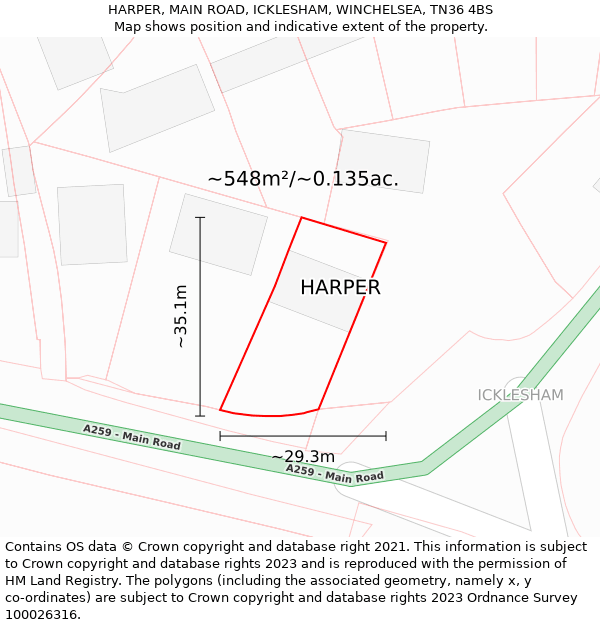 HARPER, MAIN ROAD, ICKLESHAM, WINCHELSEA, TN36 4BS: Plot and title map