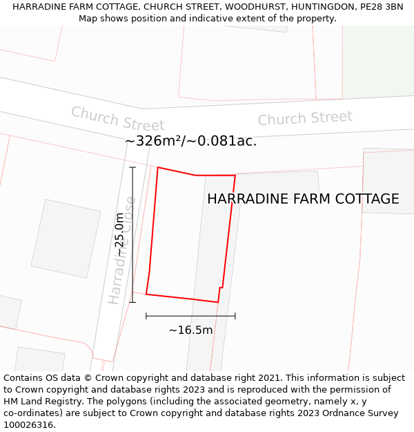HARRADINE FARM COTTAGE, CHURCH STREET, WOODHURST, HUNTINGDON, PE28 3BN: Plot and title map