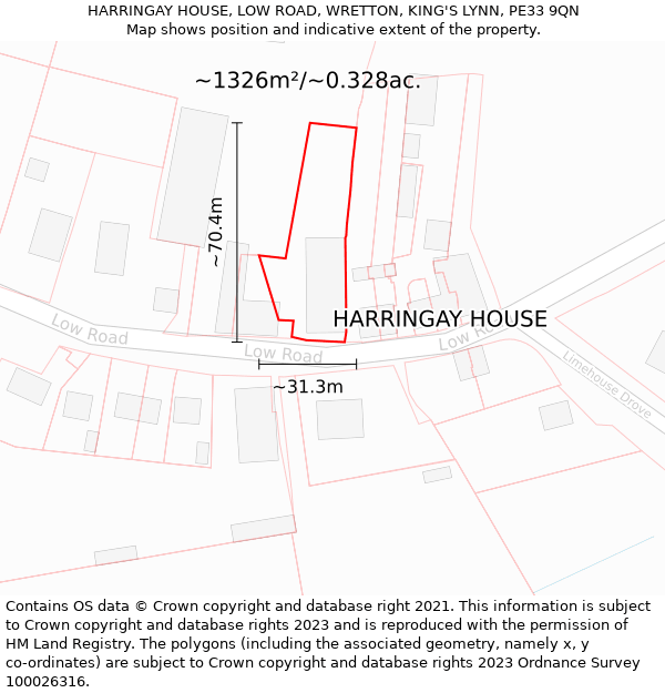 HARRINGAY HOUSE, LOW ROAD, WRETTON, KING'S LYNN, PE33 9QN: Plot and title map