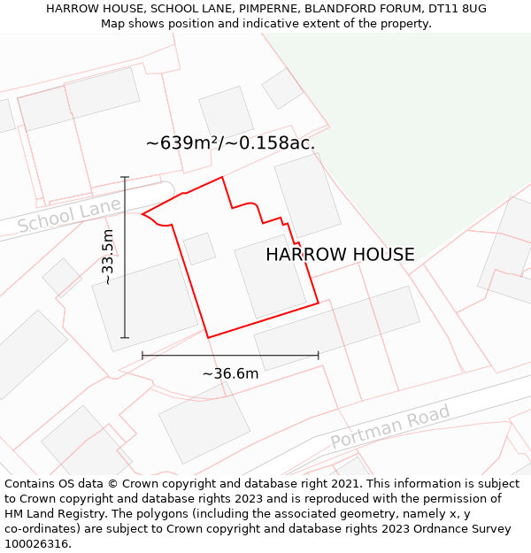 HARROW HOUSE, SCHOOL LANE, PIMPERNE, BLANDFORD FORUM, DT11 8UG: Plot and title map