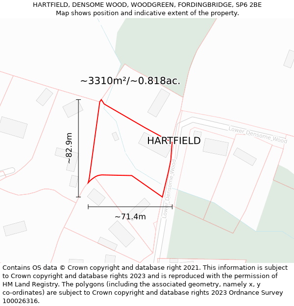 HARTFIELD, DENSOME WOOD, WOODGREEN, FORDINGBRIDGE, SP6 2BE: Plot and title map