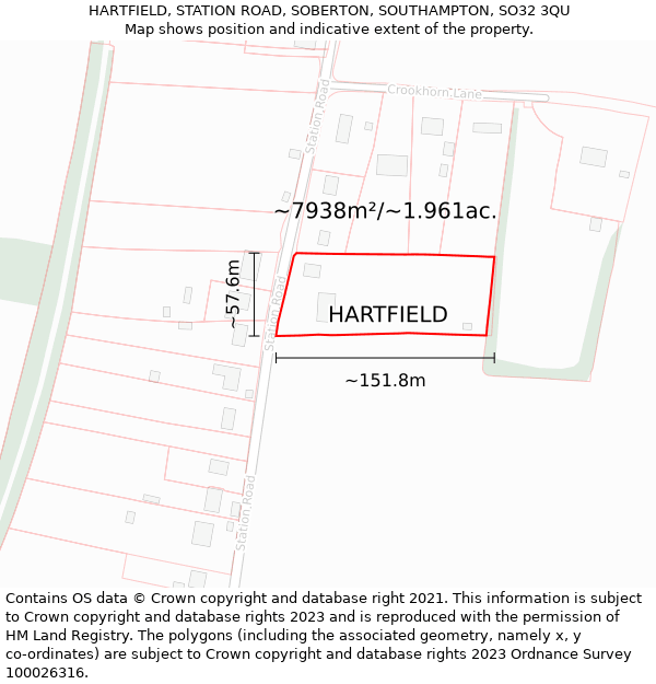 HARTFIELD, STATION ROAD, SOBERTON, SOUTHAMPTON, SO32 3QU: Plot and title map
