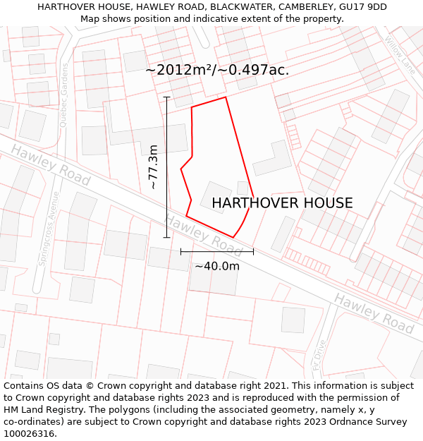 HARTHOVER HOUSE, HAWLEY ROAD, BLACKWATER, CAMBERLEY, GU17 9DD: Plot and title map