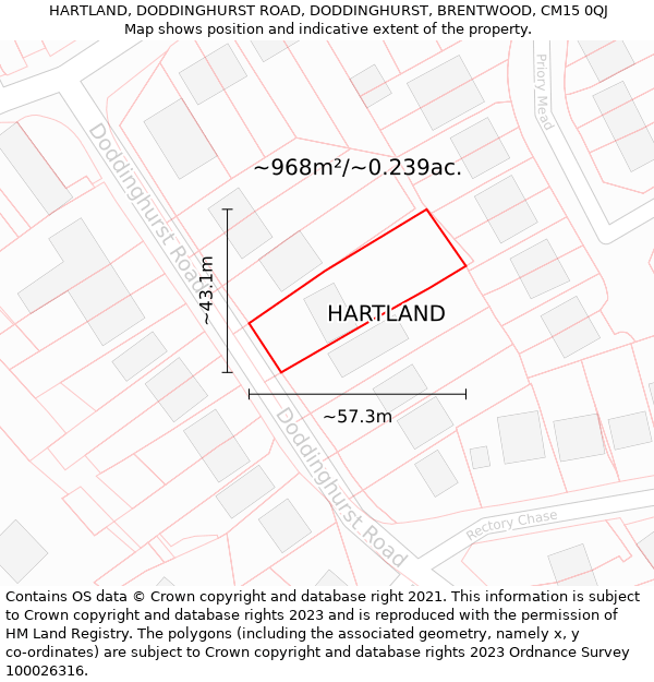 HARTLAND, DODDINGHURST ROAD, DODDINGHURST, BRENTWOOD, CM15 0QJ: Plot and title map