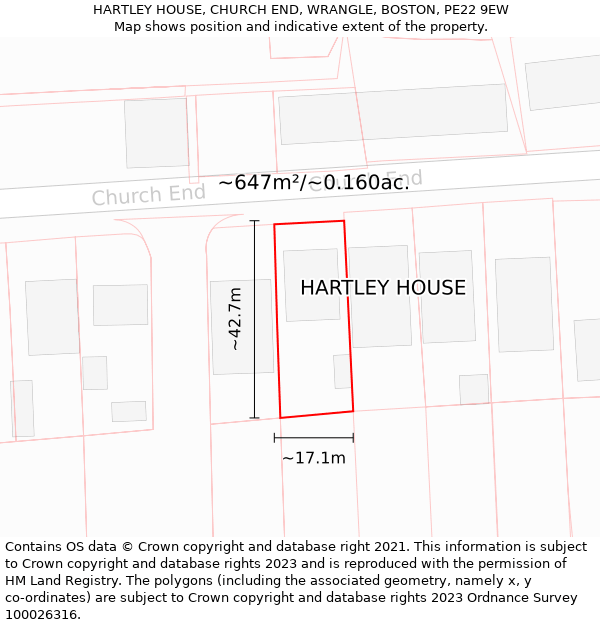 HARTLEY HOUSE, CHURCH END, WRANGLE, BOSTON, PE22 9EW: Plot and title map