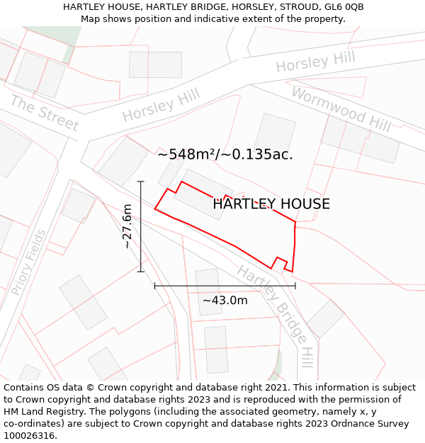 HARTLEY HOUSE, HARTLEY BRIDGE, HORSLEY, STROUD, GL6 0QB: Plot and title map