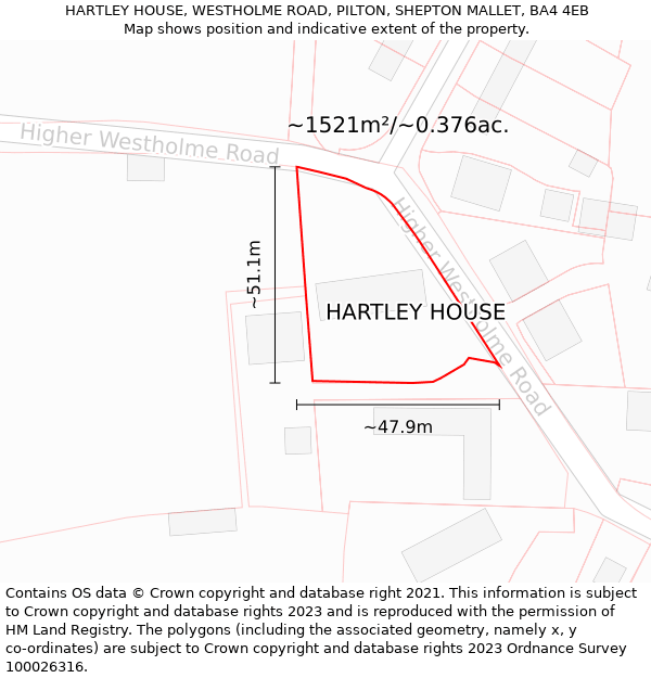 HARTLEY HOUSE, WESTHOLME ROAD, PILTON, SHEPTON MALLET, BA4 4EB: Plot and title map