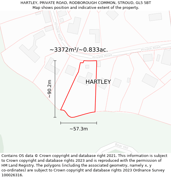 HARTLEY, PRIVATE ROAD, RODBOROUGH COMMON, STROUD, GL5 5BT: Plot and title map