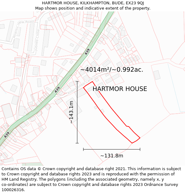 HARTMOR HOUSE, KILKHAMPTON, BUDE, EX23 9QJ: Plot and title map