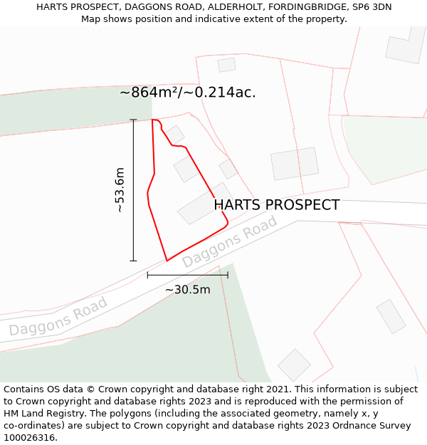 HARTS PROSPECT, DAGGONS ROAD, ALDERHOLT, FORDINGBRIDGE, SP6 3DN: Plot and title map