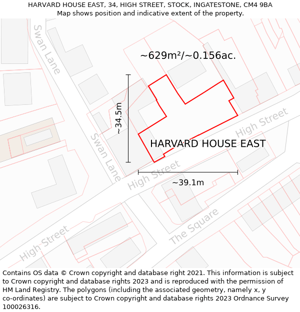 HARVARD HOUSE EAST, 34, HIGH STREET, STOCK, INGATESTONE, CM4 9BA: Plot and title map