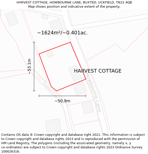 HARVEST COTTAGE, HOWBOURNE LANE, BUXTED, UCKFIELD, TN22 4QB: Plot and title map