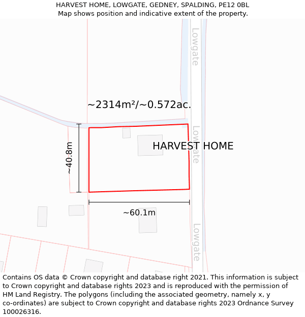 HARVEST HOME, LOWGATE, GEDNEY, SPALDING, PE12 0BL: Plot and title map