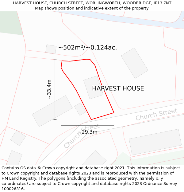 HARVEST HOUSE, CHURCH STREET, WORLINGWORTH, WOODBRIDGE, IP13 7NT: Plot and title map