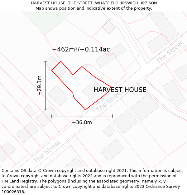 HARVEST HOUSE, THE STREET, WHATFIELD, IPSWICH, IP7 6QN: Plot and title map