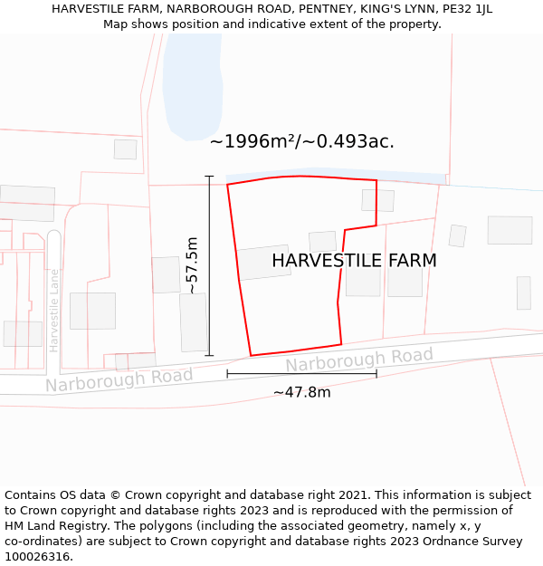 HARVESTILE FARM, NARBOROUGH ROAD, PENTNEY, KING'S LYNN, PE32 1JL: Plot and title map